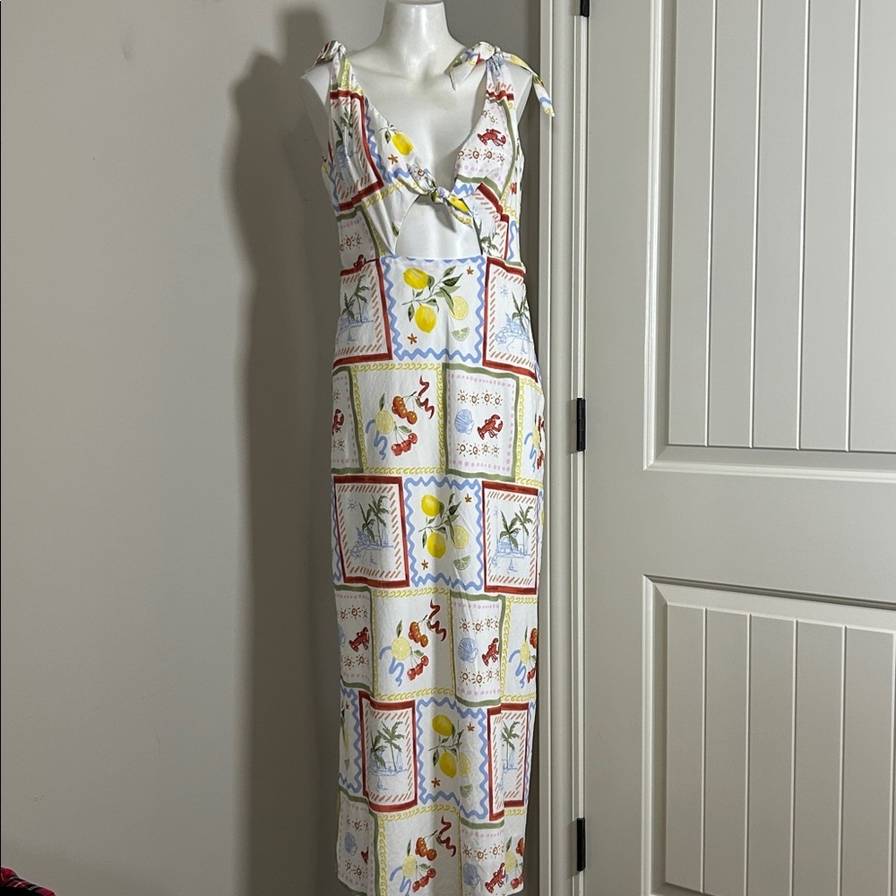 Abercrombie and Fitch Tie Front Scarf Midi Dress Italy Coastal Fruit Sz L NEW - Picture 5 of 13